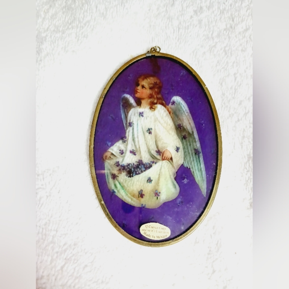 Vintage Enesco Angel Christian Purple Flowers Sun catcher 4 1/2" x 3 1/8" Oval